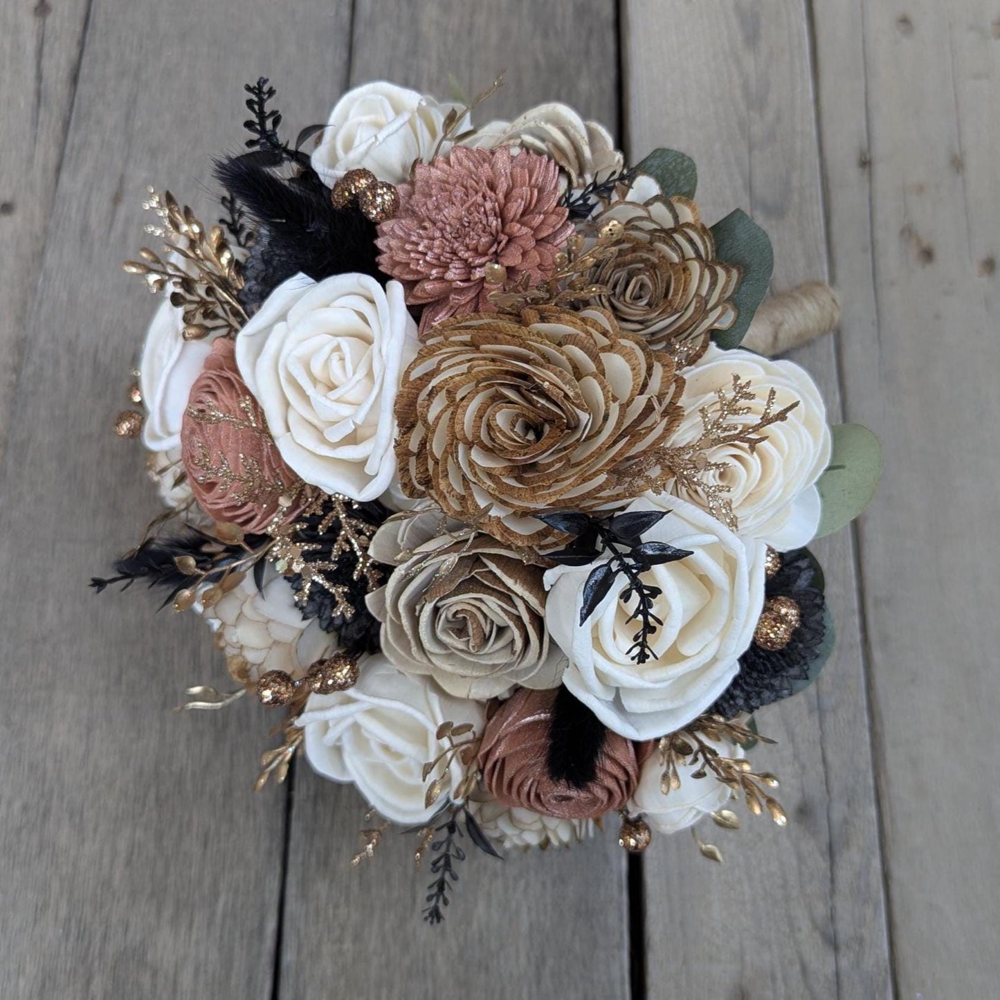 Rose Gold and Black Wedding Bouquet, Wood Flower Bouquet, New Years Wedding Flowers, Glitter Bouquet, Sola Wood Flowers Bridal Bouquet