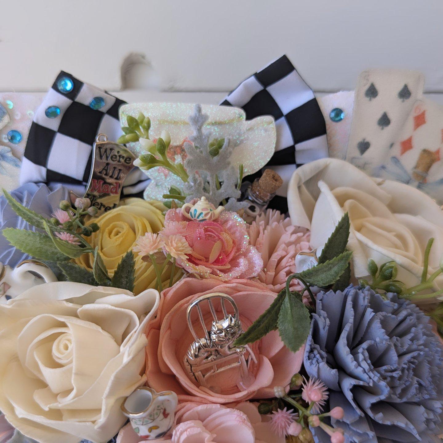 Alice Inspired Wood Flower Bouquet with Mouse Ears, Magical Bridal Bouquet Wedding Keepsake, Sola Wood Flowers Fake Bouquet
