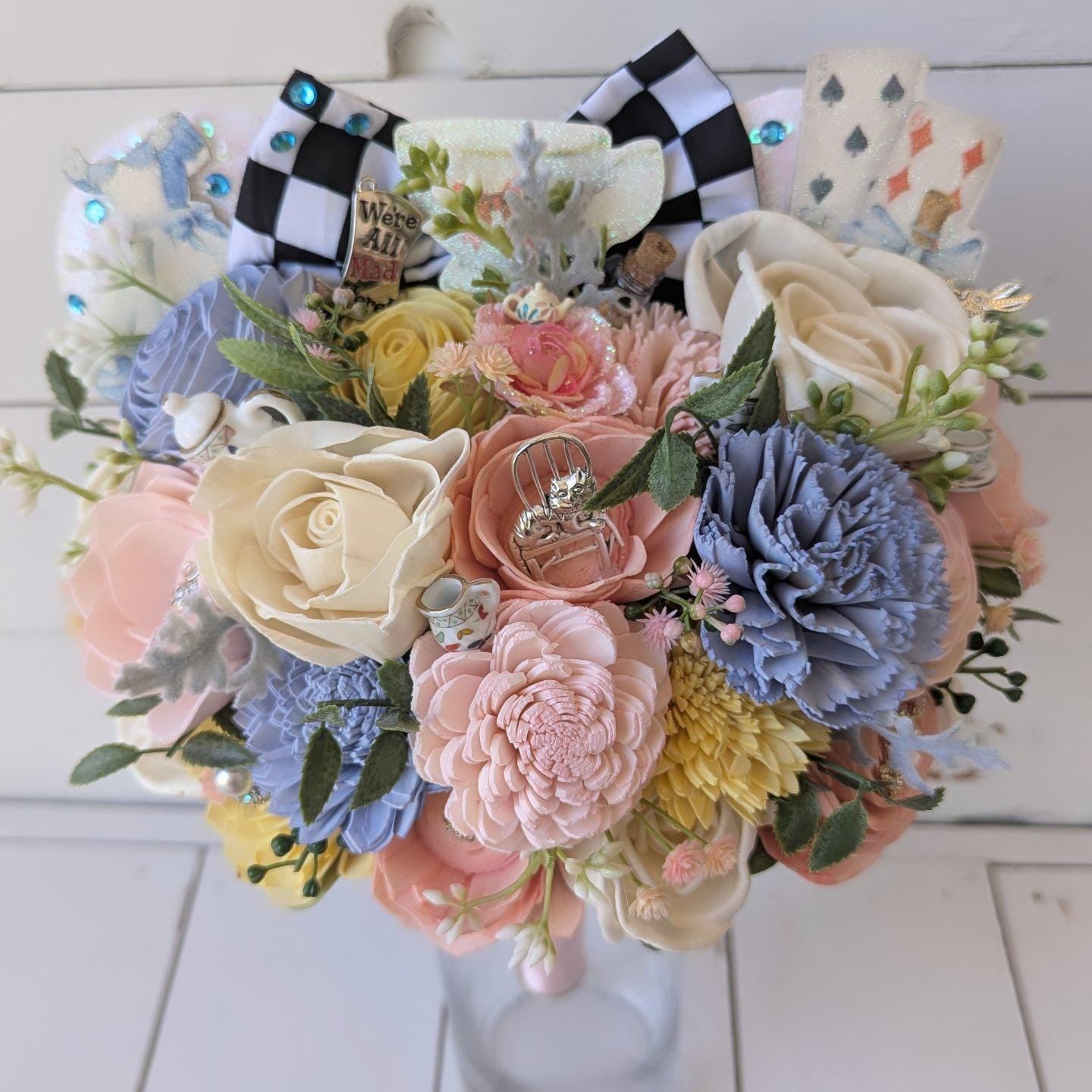 Alice Inspired Wood Flower Bouquet with Mouse Ears, Magical Bridal Bouquet Wedding Keepsake, Sola Wood Flowers Fake Bouquet