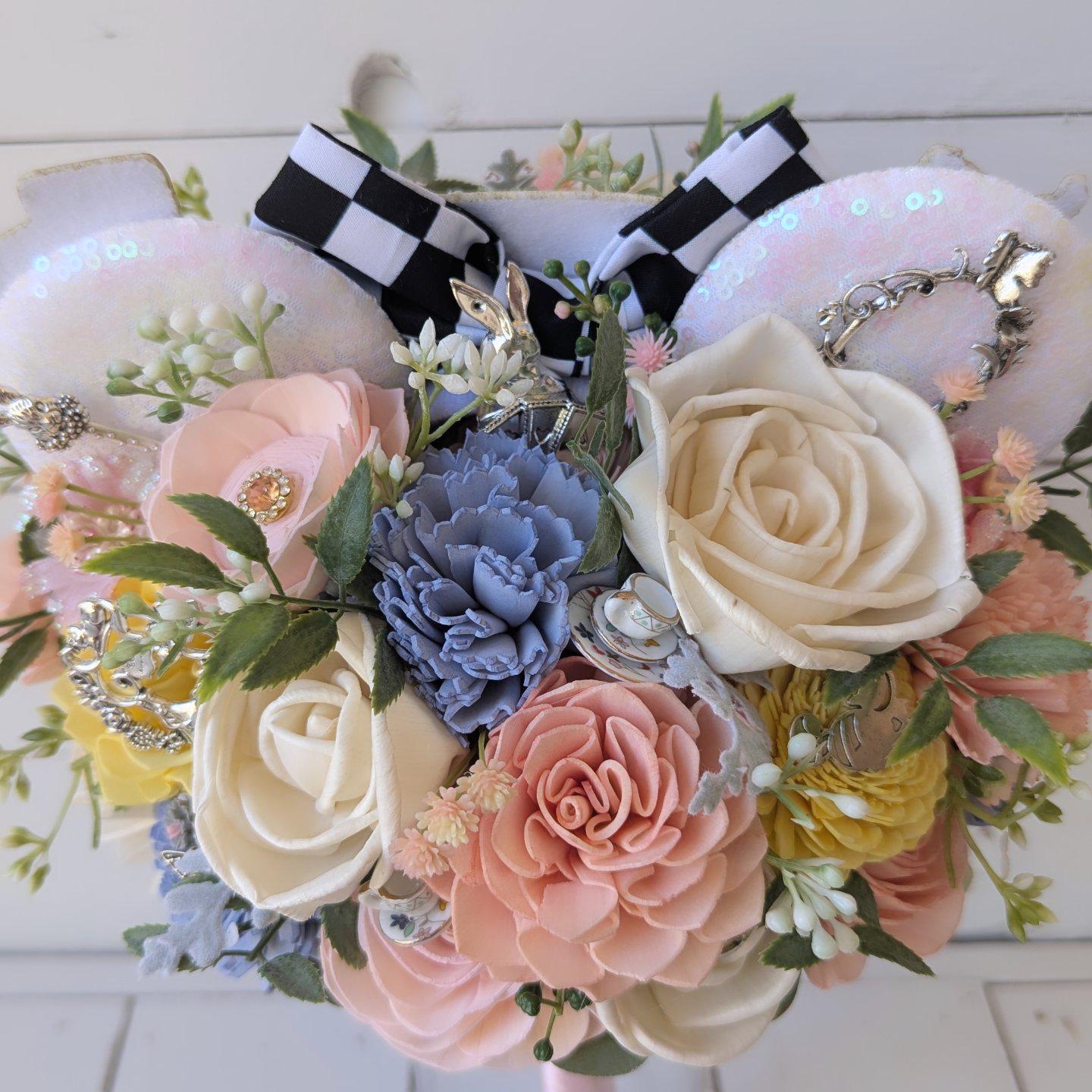 Alice Inspired Wood Flower Bouquet with Mouse Ears, Magical Bridal Bouquet Wedding Keepsake, Sola Wood Flowers Fake Bouquet