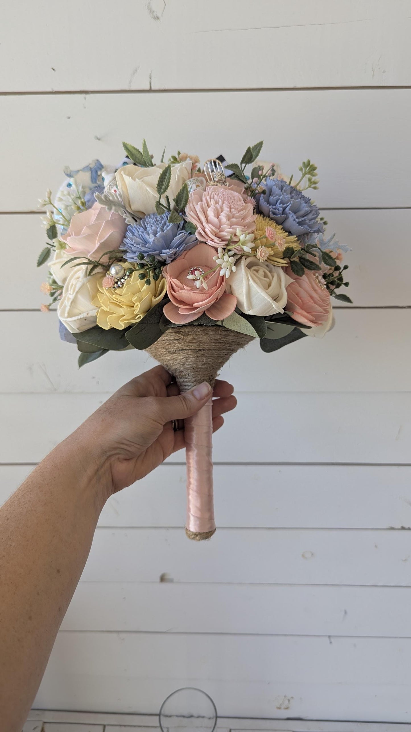Alice Inspired Wood Flower Bouquet with Mouse Ears, Magical Bridal Bouquet Wedding Keepsake, Sola Wood Flowers Fake Bouquet