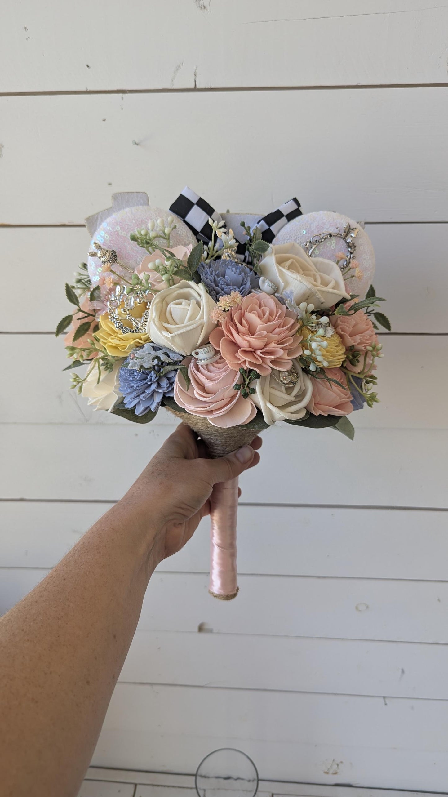 Alice Inspired Wood Flower Bouquet with Mouse Ears, Magical Bridal Bouquet Wedding Keepsake, Sola Wood Flowers Fake Bouquet