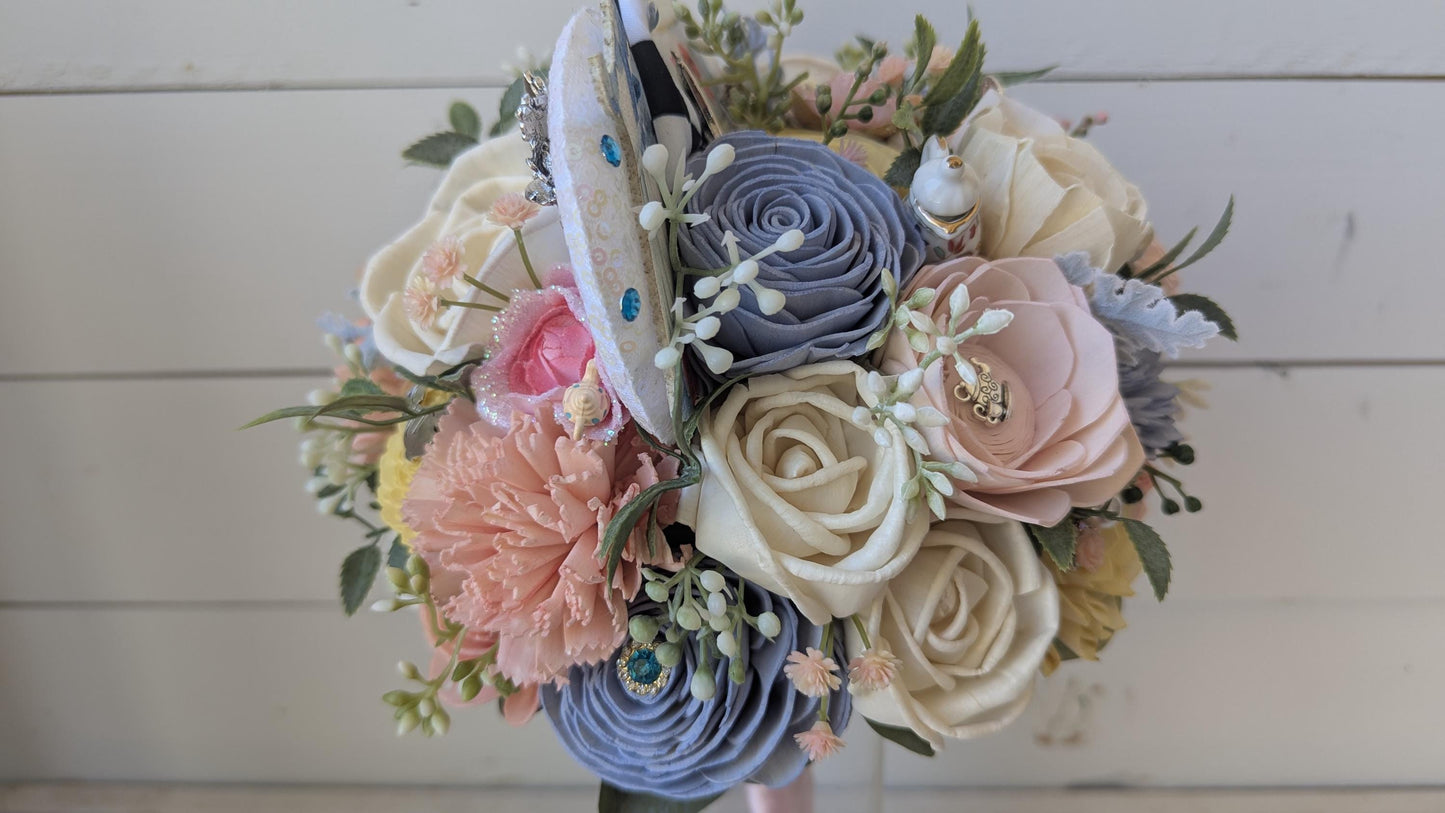 Alice Inspired Wood Flower Bouquet with Mouse Ears, Magical Bridal Bouquet Wedding Keepsake, Sola Wood Flowers Fake Bouquet
