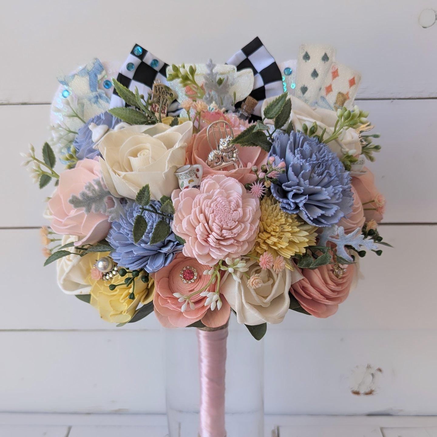 Alice Inspired Wood Flower Bouquet with Mouse Ears, Magical Bridal Bouquet Wedding Keepsake, Sola Wood Flowers Fake Bouquet