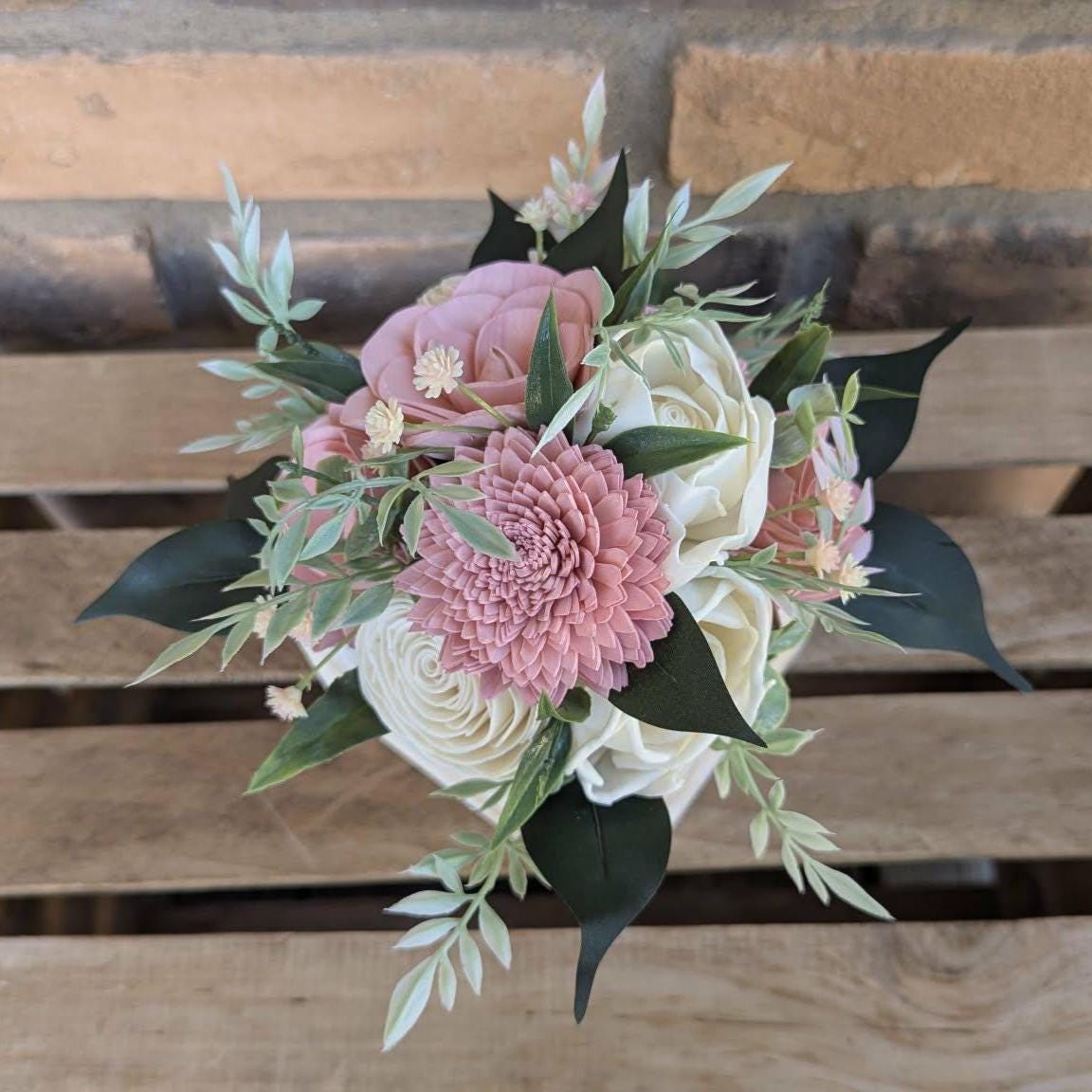 Pink and Cream Wood Flower Floral Arrangement, Table Centerpiece, Flower Box, Get Well, Flower Arrangement, Shelf Decor Mother's Day