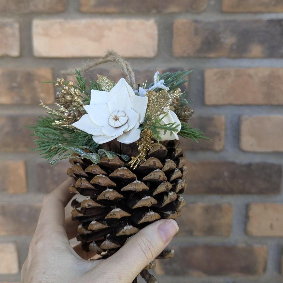 Pine Cone Christmas Ornament with Wood Flowers, Christmas Tree Ornament, Pine Cone Decor, Christmas Tree Decor