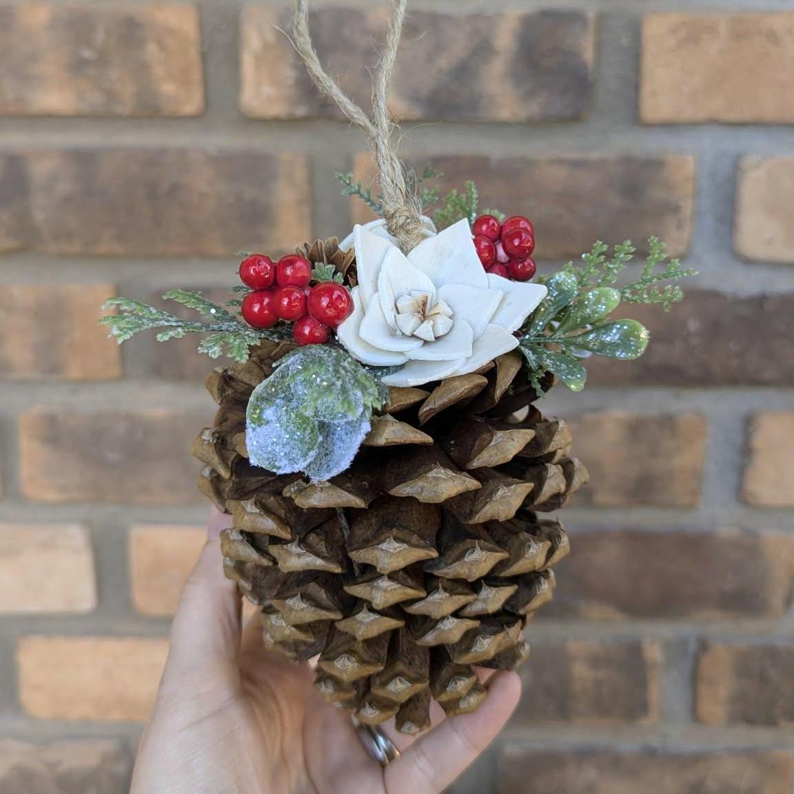 Pine Cone Christmas Ornament with Wood Flowers, Christmas Tree Ornament, Pine Cone Decor, Christmas Tree Decor