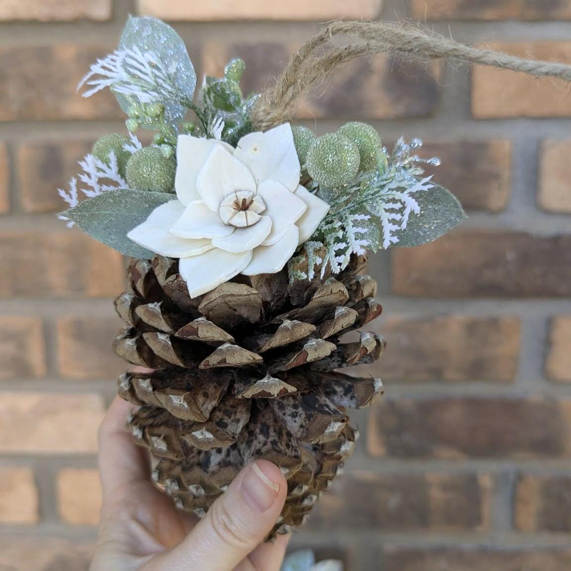 Pine Cone Christmas Ornament with Wood Flowers, Christmas Tree Ornament, Pine Cone Decor, Christmas Tree Decor