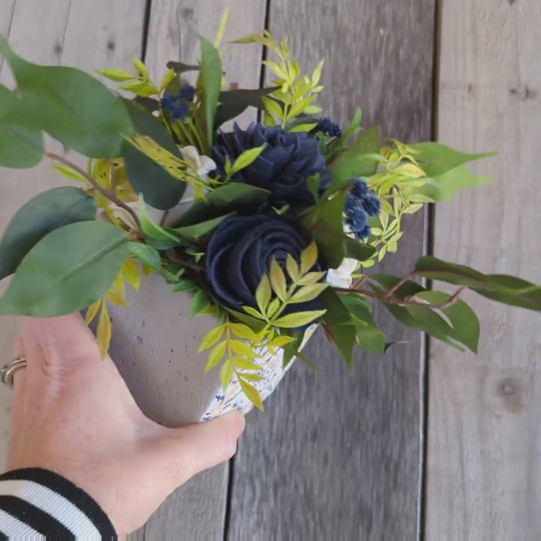 Navy Blue Cement Planter Table Centerpiece with Wood Flowers, Wood Flower Centerpiece Decor, Thank You or Get Well Soon Gift