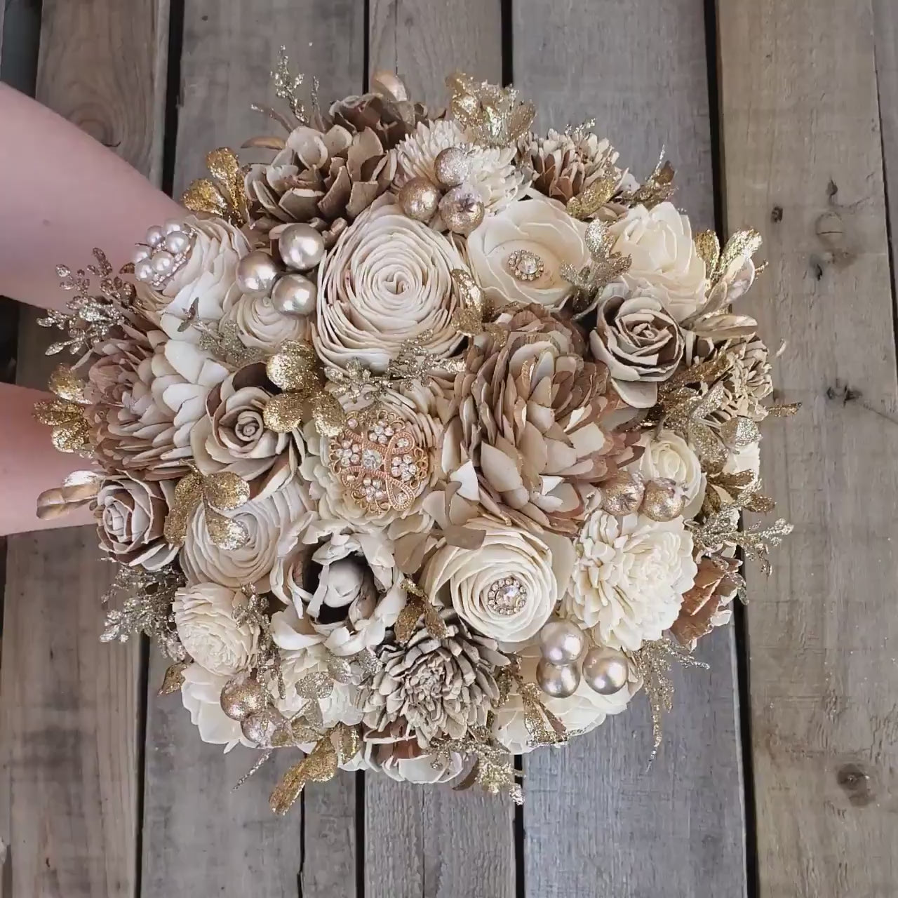 Gold Brooch and Glitter Sola Wood Flower Bouquet with Cream and Natural Bark Flowers, Color Options Available