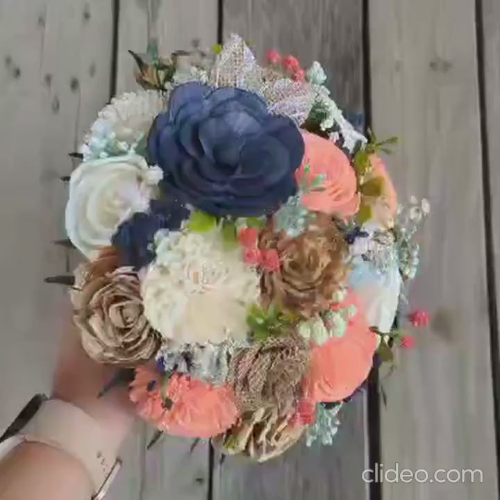 Wood Flower Bouquet, Navy Blue Bridal Bouquet, Coral Wedding Bouquets, Navy and Coral Wooden Flower Bouquet, Burlap Wedding Flowers