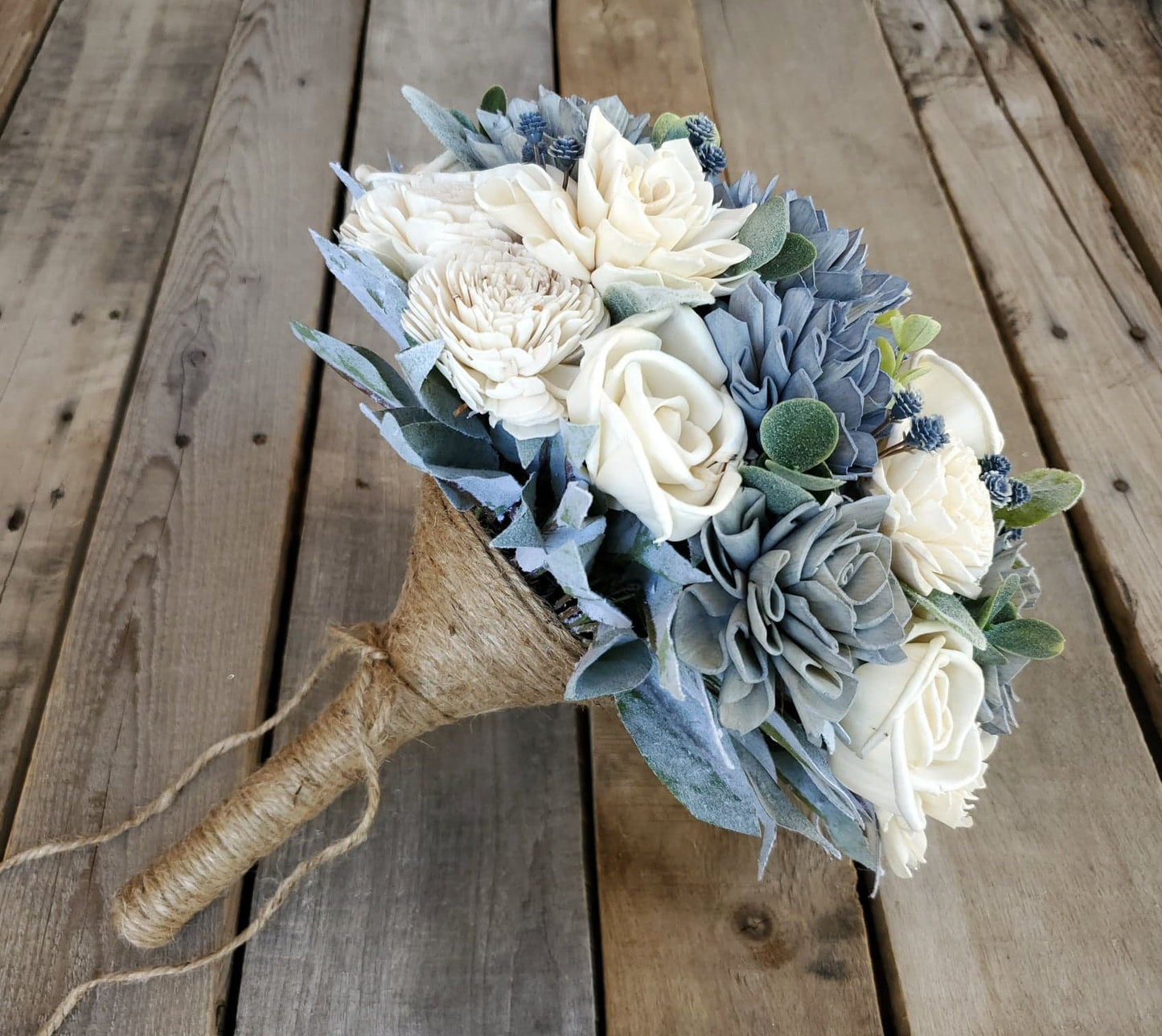 Slate Blue Sola Wood Flower Bouquet, Fake Bridal Flowers, Dusty Blue Wooden Wedding Bouquet