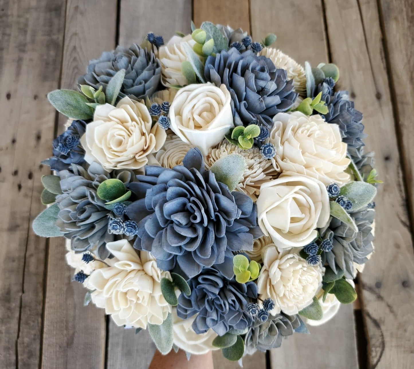 Slate Blue Sola Wood Flower Bouquet, Fake Bridal Flowers, Dusty Blue Wooden Wedding Bouquet