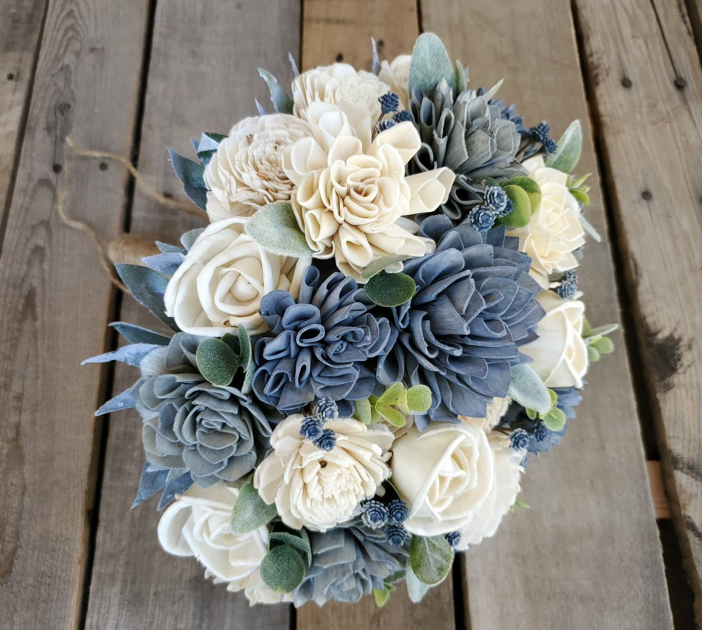 Slate Blue Sola Wood Flower Bouquet, Fake Bridal Flowers, Dusty Blue Wooden Wedding Bouquet