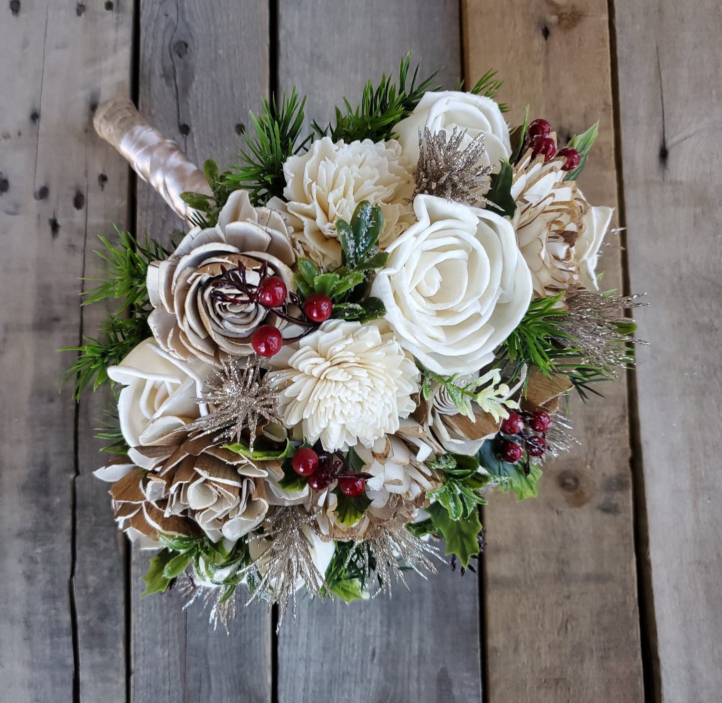 Champagne Wood Flower Christmas Wedding Bouquet, Winter Wedding Bouquet, Christmas Flower Bouquet, Wooden Bridal Bouquet, Wedding Flowers