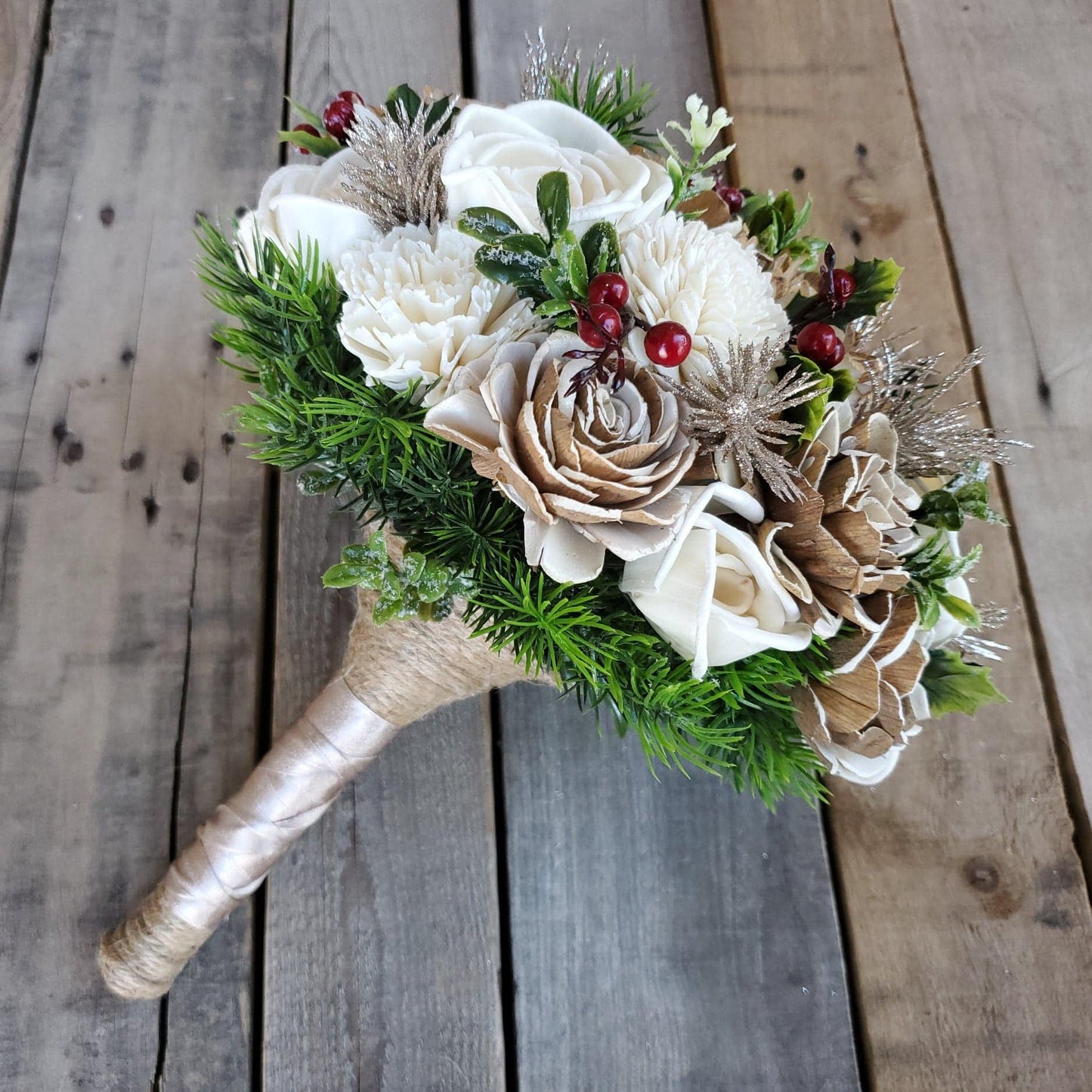 Champagne Wood Flower Christmas Wedding Bouquet, Winter Wedding Bouquet, Christmas Flower Bouquet, Wooden Bridal Bouquet, Wedding Flowers