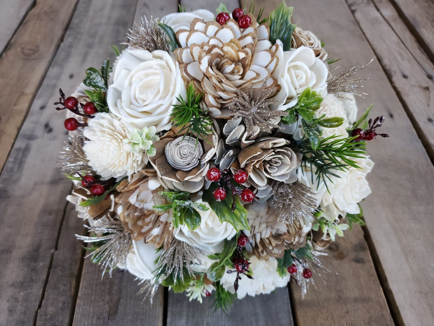 Champagne Wood Flower Christmas Wedding Bouquet, Winter Wedding Bouquet, Christmas Flower Bouquet, Wooden Bridal Bouquet, Wedding Flowers
