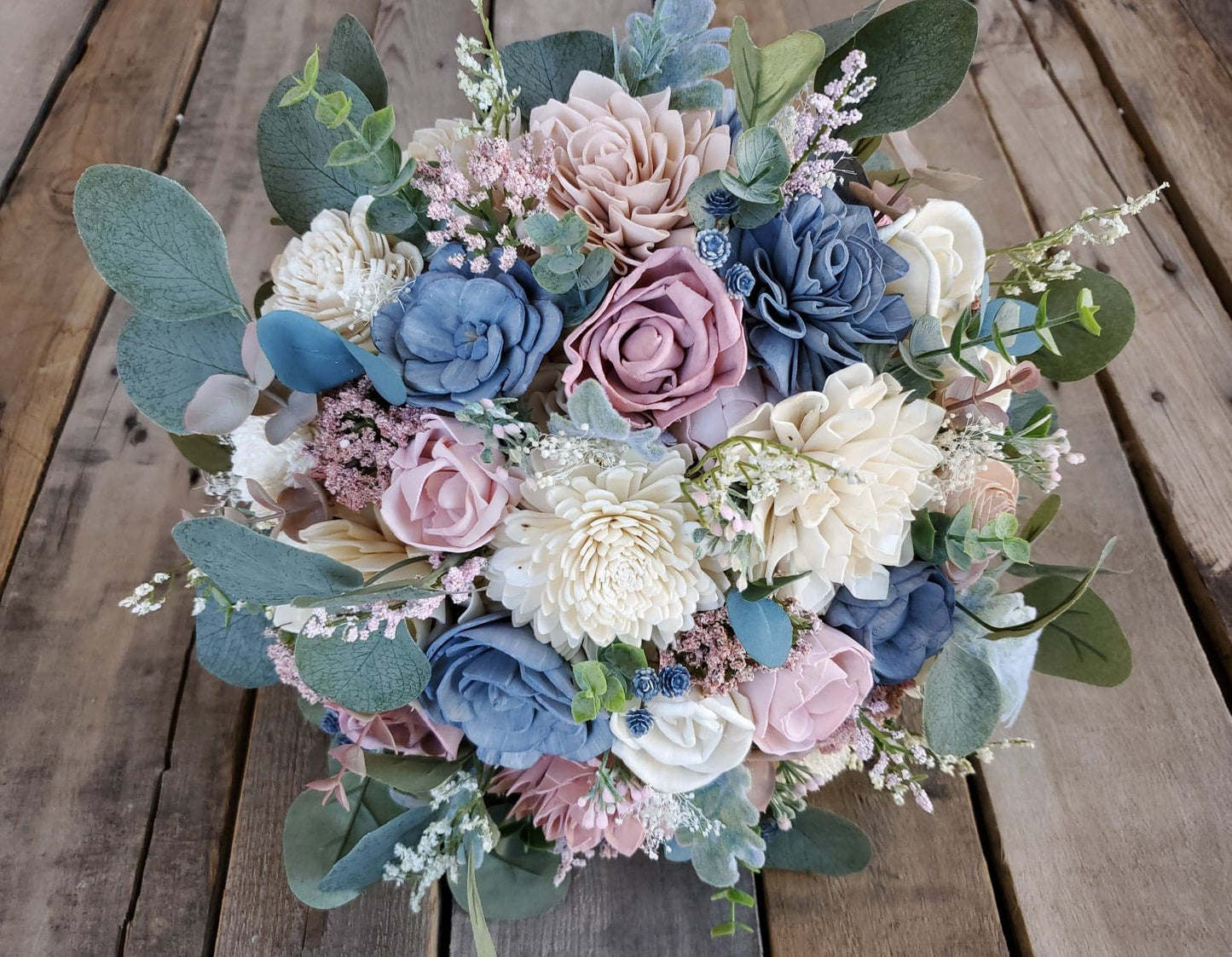 Wood Flower Bouquet, Dusty Blue and Pink Wedding Bouquet, Slate Blue Bridal Flowers, Wood Flowers Bridal Bouquet