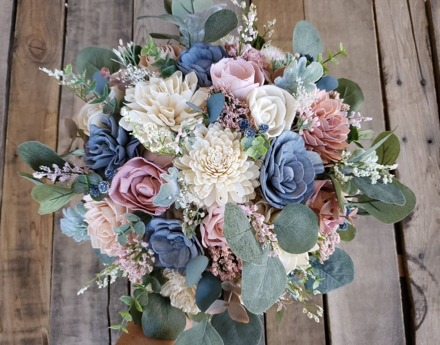 Wood Flower Bouquet, Dusty Blue and Pink Wedding Bouquet, Slate Blue Bridal Flowers, Wood Flowers Bridal Bouquet