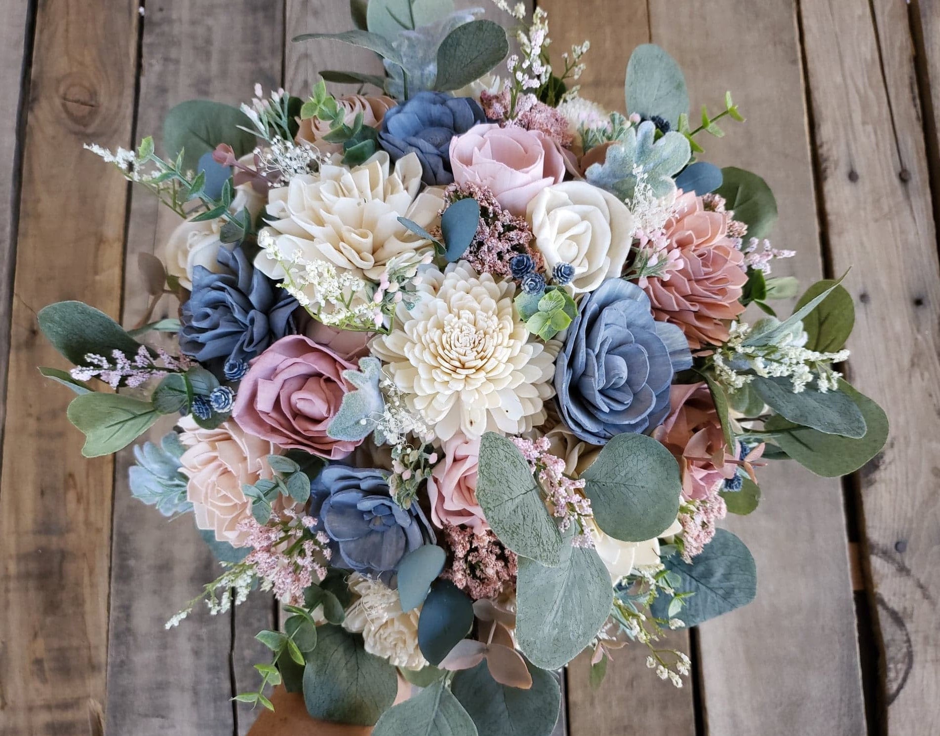 Wood Flower Bouquet, Dusty Blue and Pink Wedding Bouquet, Slate Blue Bridal Flowers, Wood Flowers Bridal Bouquet