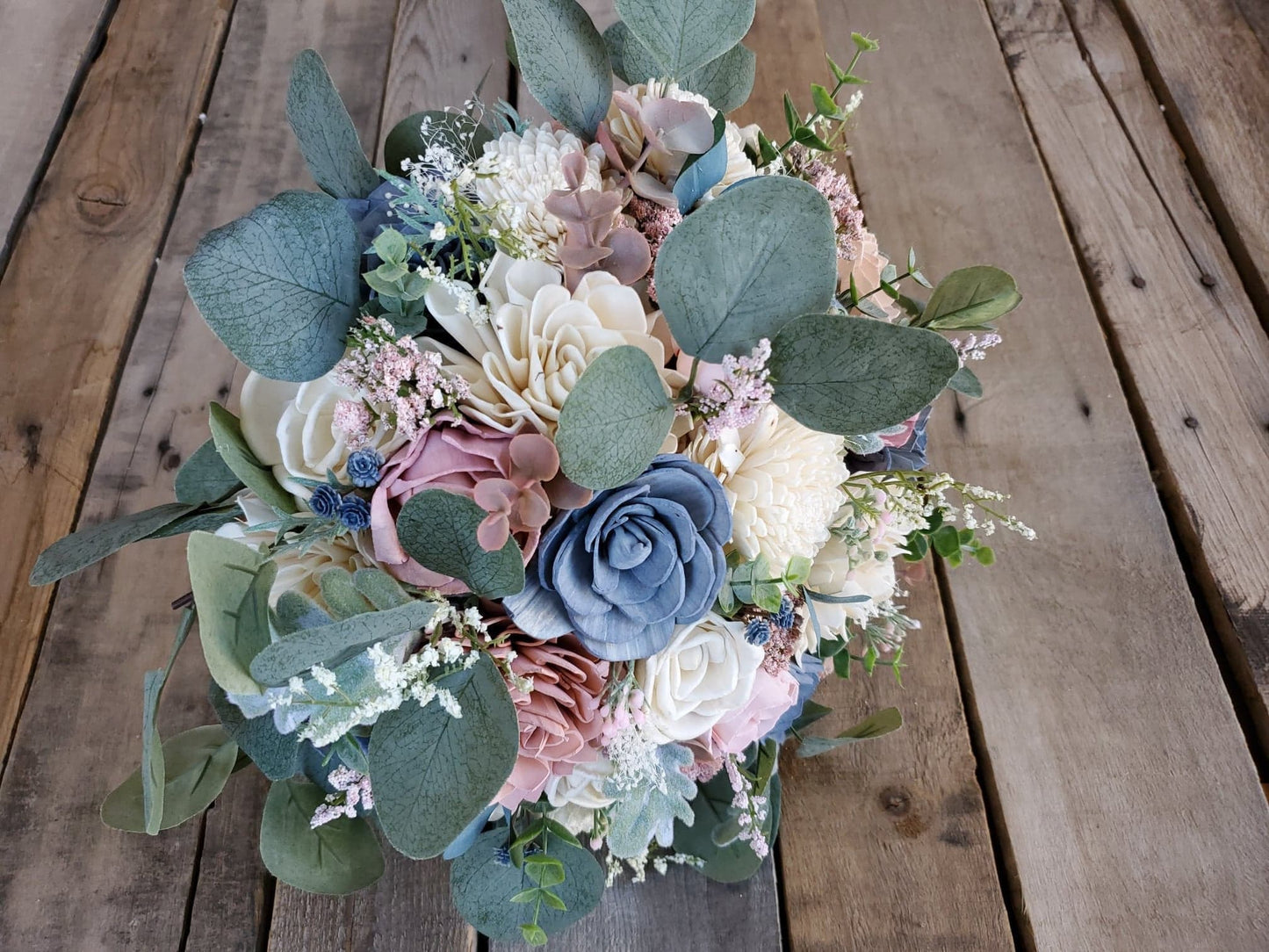 Wood Flower Bouquet, Dusty Blue and Pink Wedding Bouquet, Slate Blue Bridal Flowers, Wood Flowers Bridal Bouquet