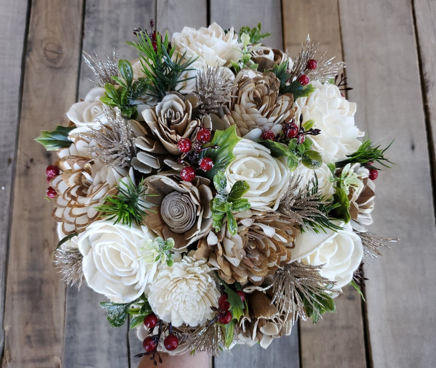 Champagne Wood Flower Christmas Wedding Bouquet, Winter Wedding Bouquet, Christmas Flower Bouquet, Wooden Bridal Bouquet, Wedding Flowers