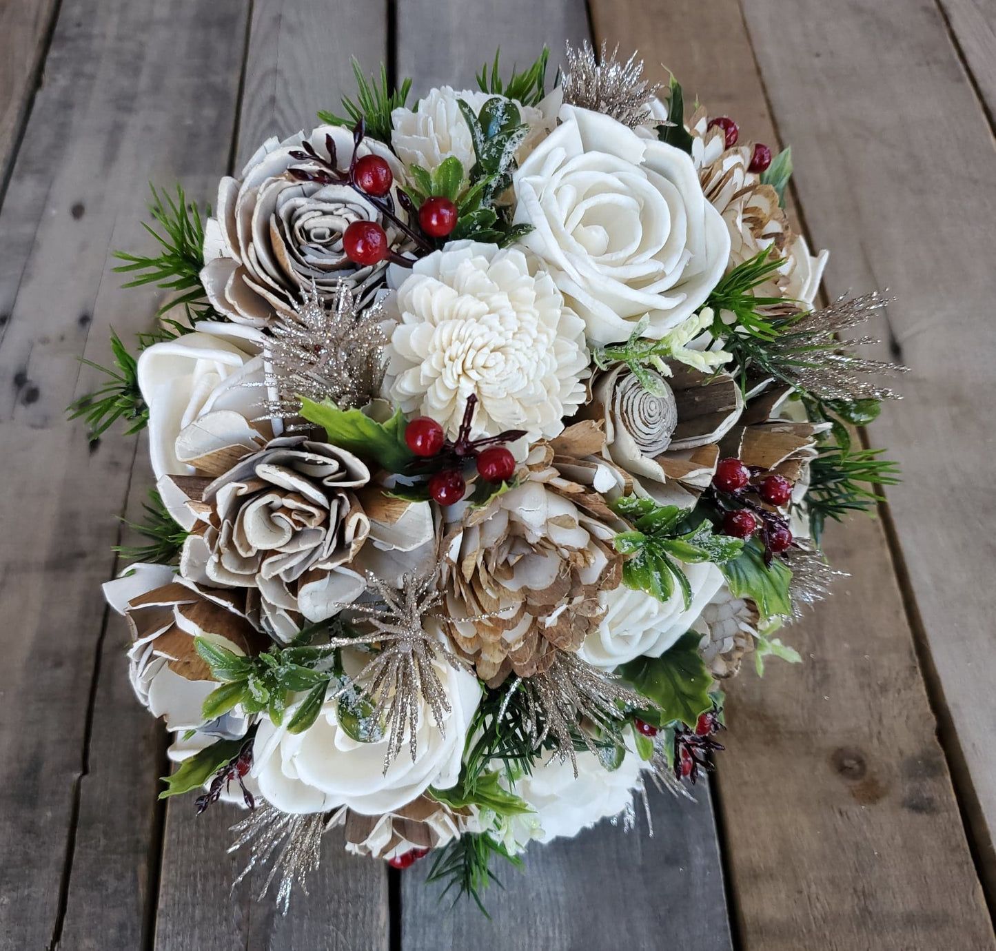 Champagne Wood Flower Christmas Wedding Bouquet, Winter Wedding Bouquet, Christmas Flower Bouquet, Wooden Bridal Bouquet, Wedding Flowers
