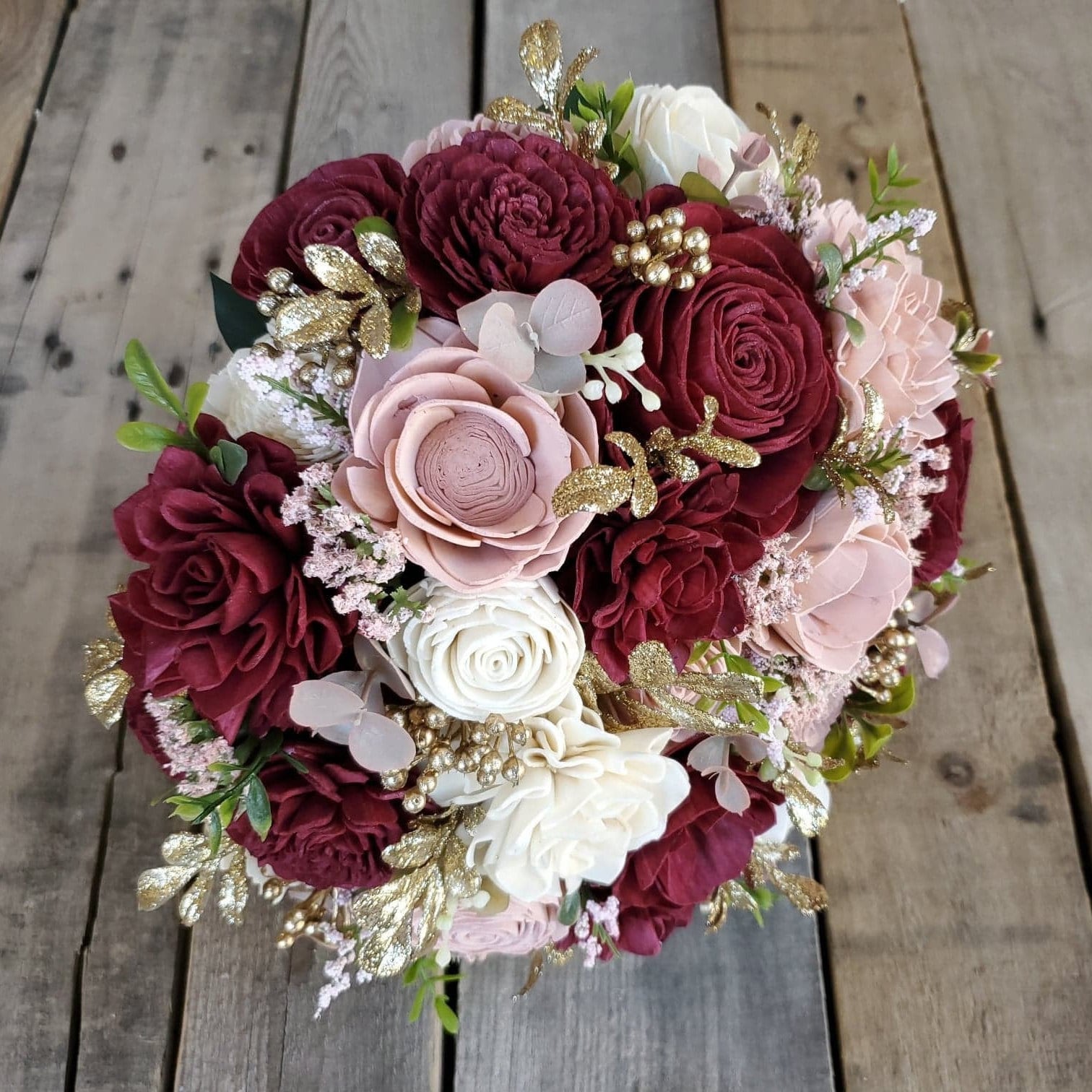 Burgundy, Blush, and Cream Wood Flower Bouquet with Gold Accents