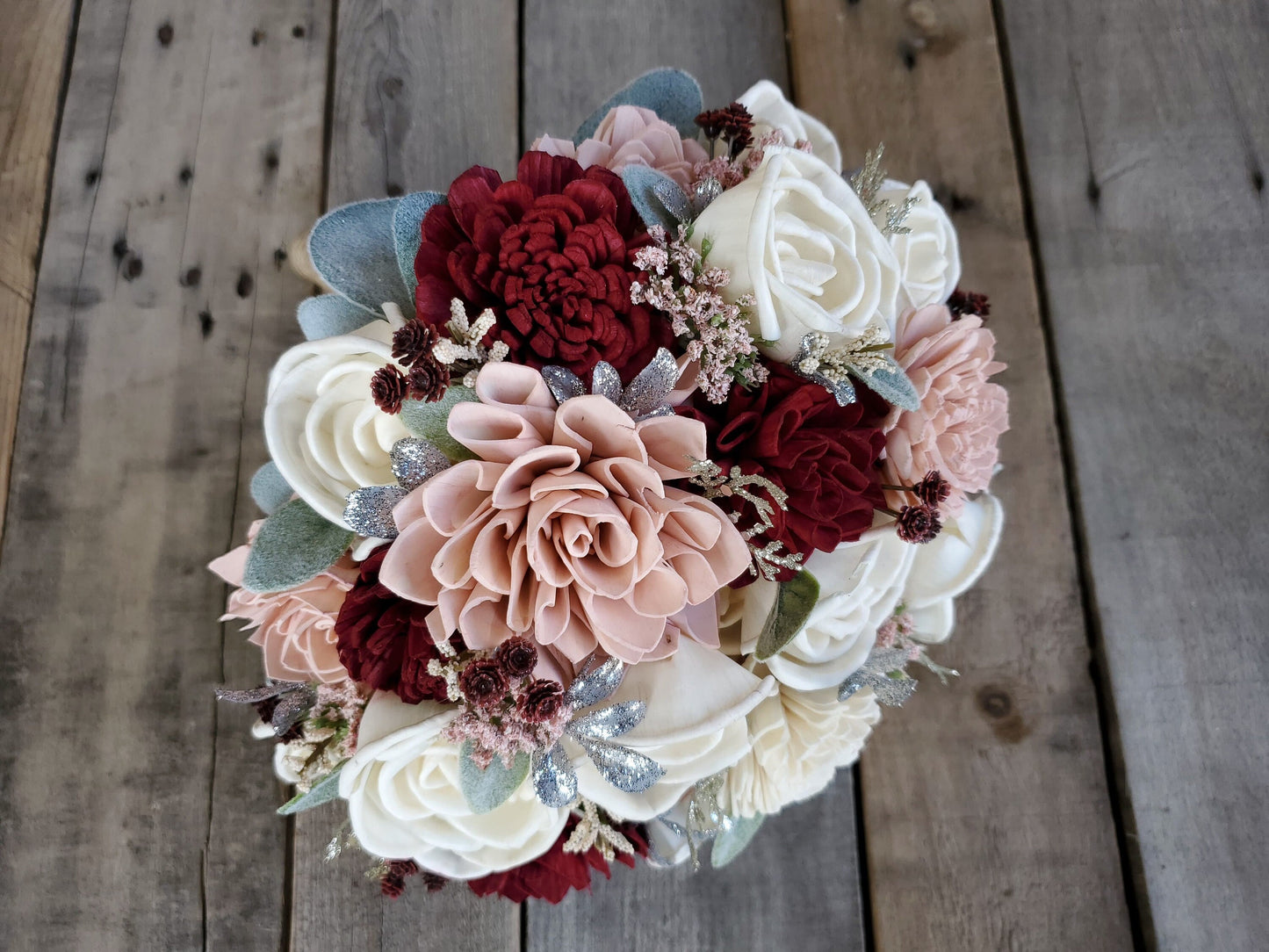 Burgundy and Blush Sola Wood Flower Bouquet, Bride and Bridesmaid Floral Wedding Bouquet