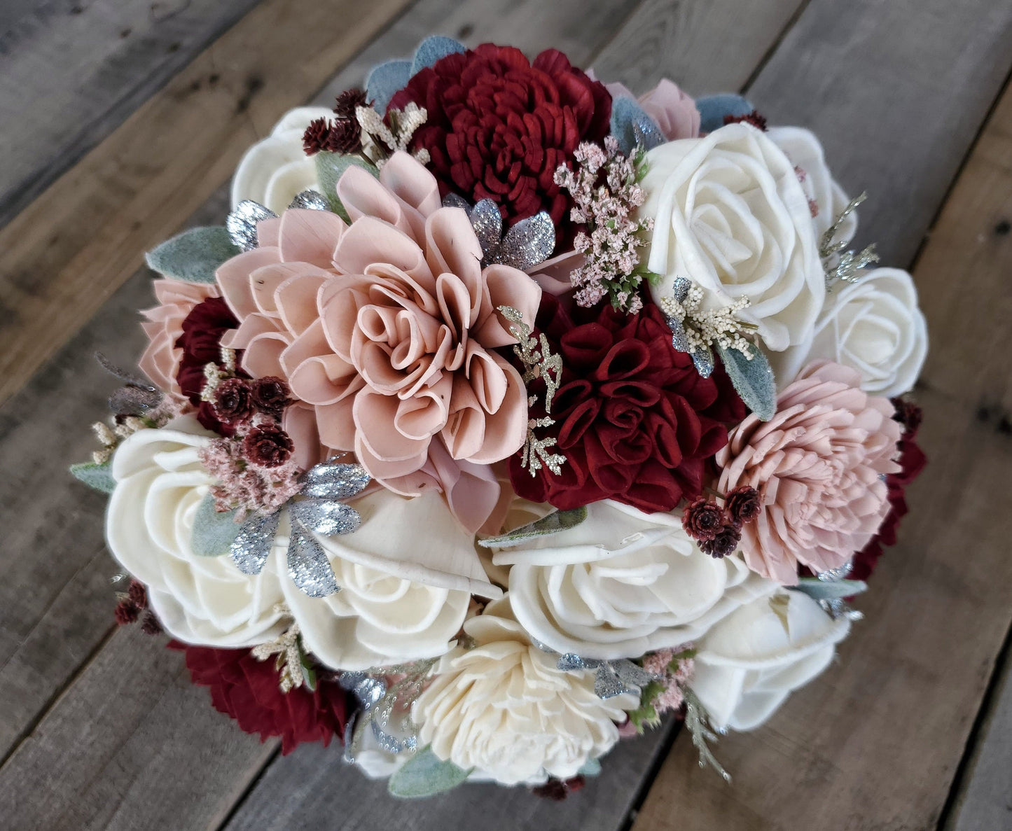 Burgundy and Blush Sola Wood Flower Bouquet, Bride and Bridesmaid Floral Wedding Bouquet