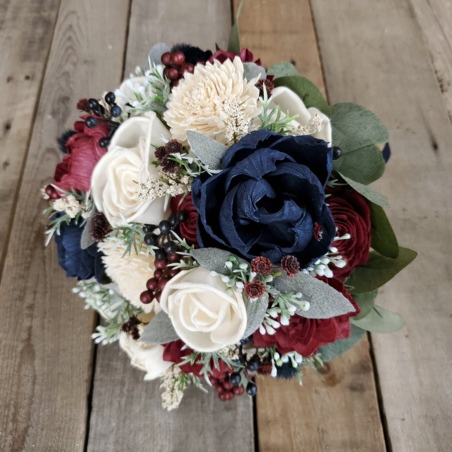 Wood Flower Bouquet, Navy and Burgundy Bridal Bouquet, Burgundy Wedding Bouquet, Wooden Flower Bouquet, Sola Wood Flowers