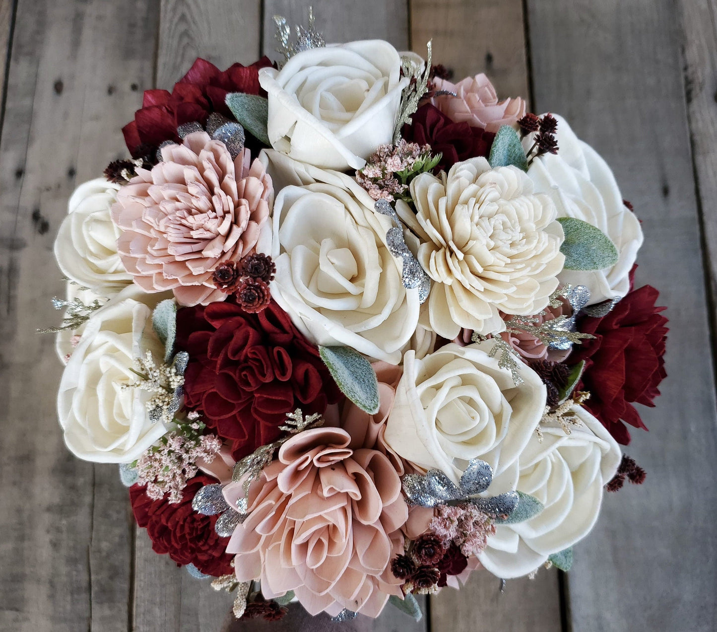Burgundy and Blush Sola Wood Flower Bouquet, Bride and Bridesmaid Floral Wedding Bouquet