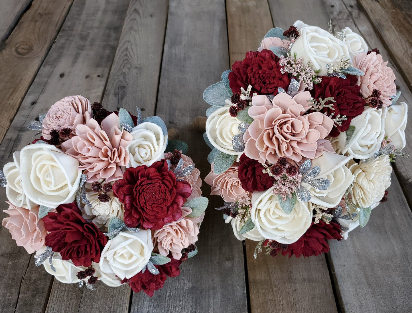 Burgundy and Blush Sola Wood Flower Bouquet, Bride and Bridesmaid Floral Wedding Bouquet