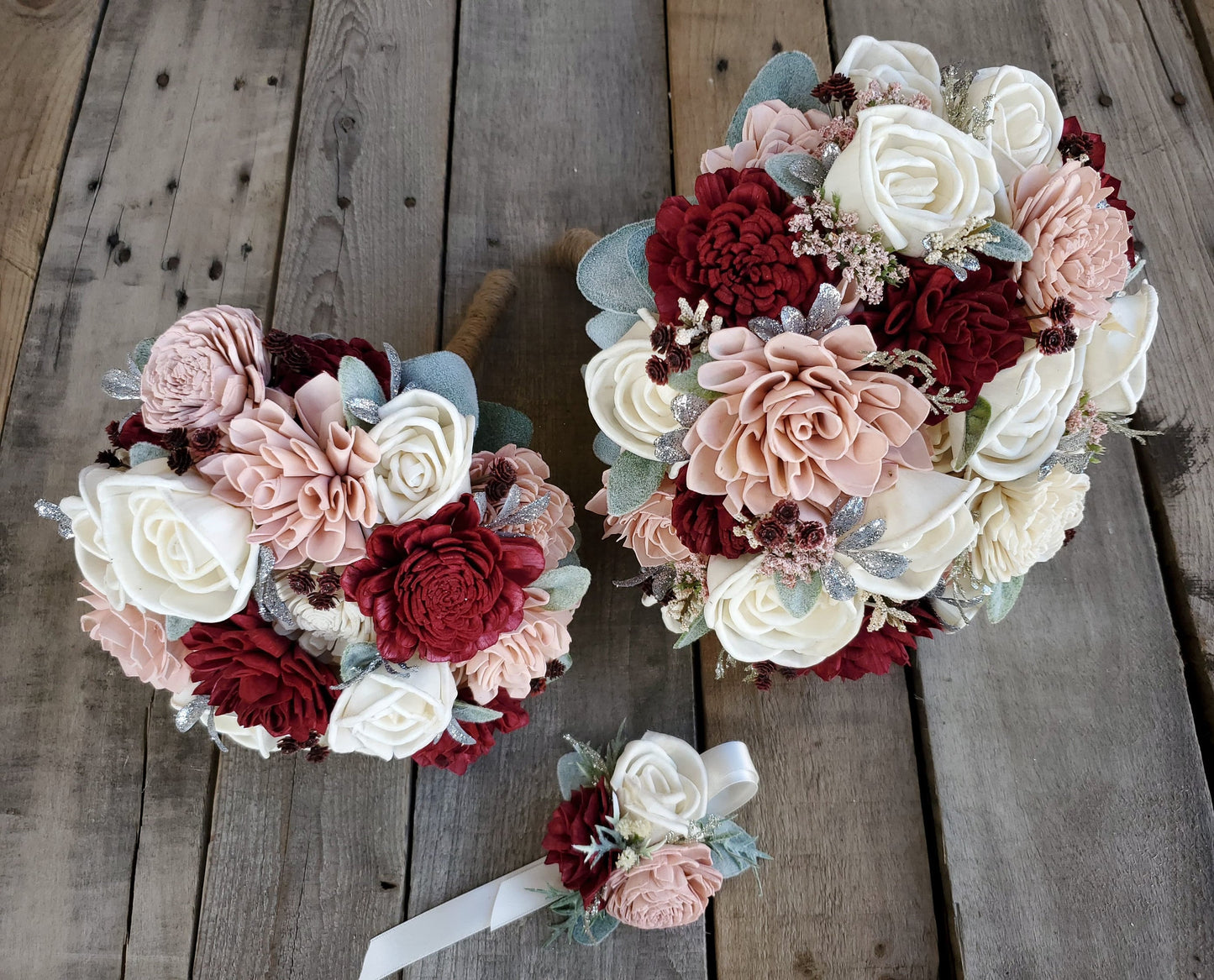 Burgundy and Blush Sola Wood Flower Bouquet, Bride and Bridesmaid Floral Wedding Bouquet