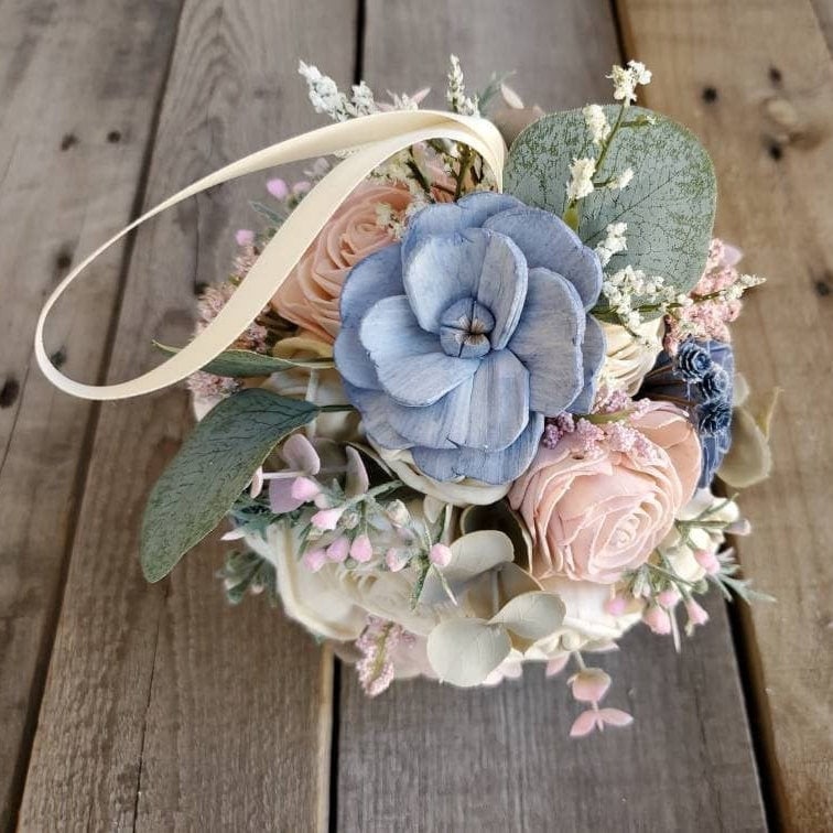 Wood Flower Bouquet, Dusty Blue and Pink Wedding Bouquet, Slate Blue Bridal Flowers, Wood Flowers Bridal Bouquet