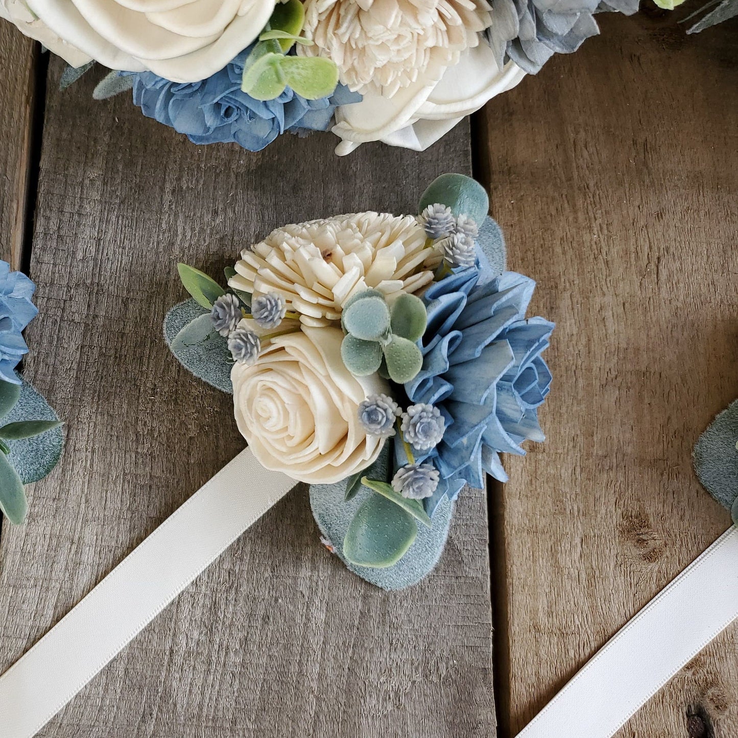 Slate Blue Sola Wood Flower Bouquet, Fake Bridal Flowers, Dusty Blue Wooden Wedding Bouquet