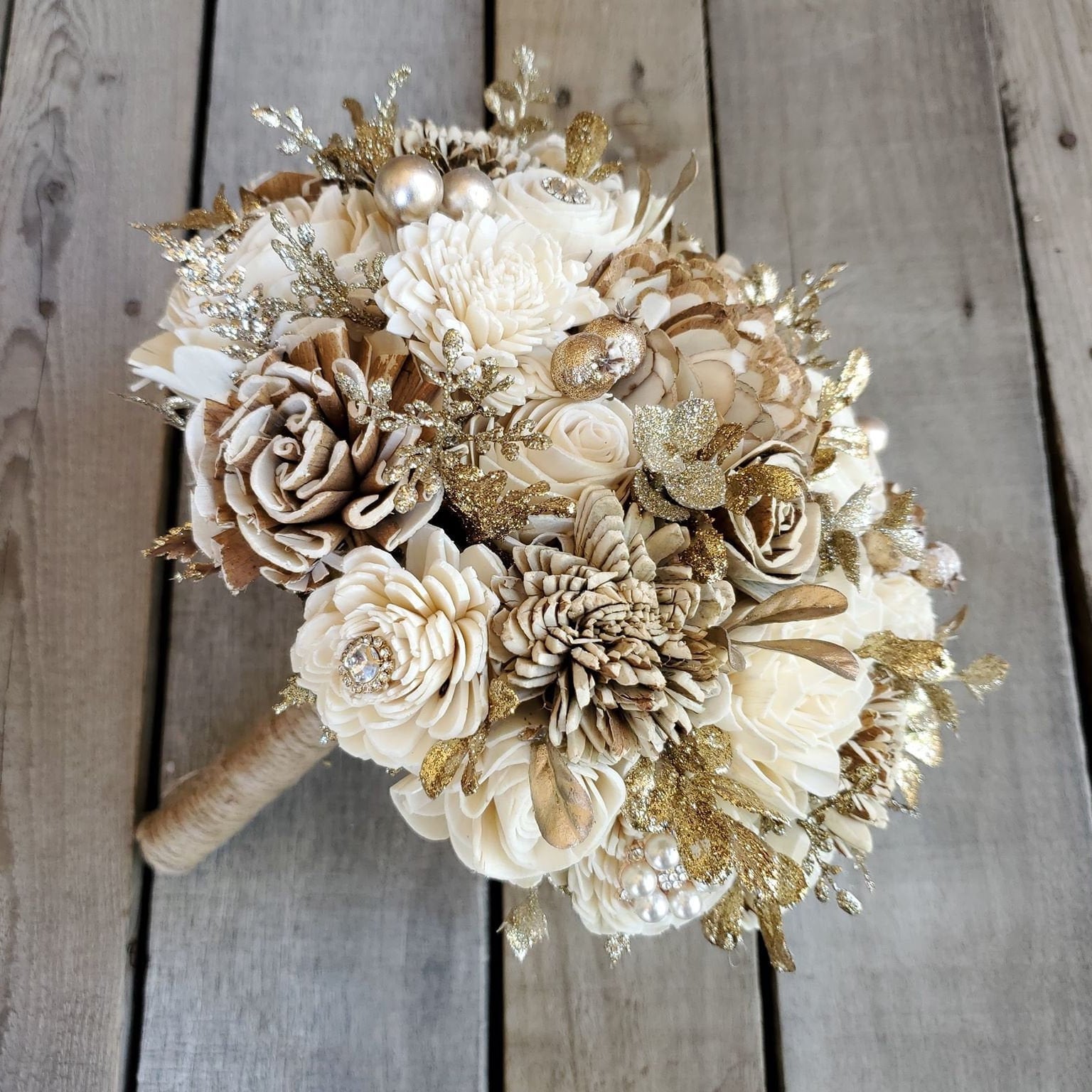 Gold Brooch and Glitter Sola Wood Flower Bouquet with Cream and Natural Bark Flowers, Color Options Available