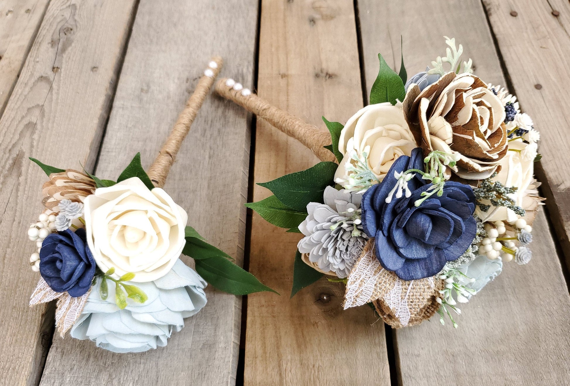 Navy Wood Flower Bouquet, Sola Wood Flowers Bouquet, Wooden Flower Bouquet, Bridal Bouquet, Dusty Blue Wedding Bouquet, Bridal Flowers