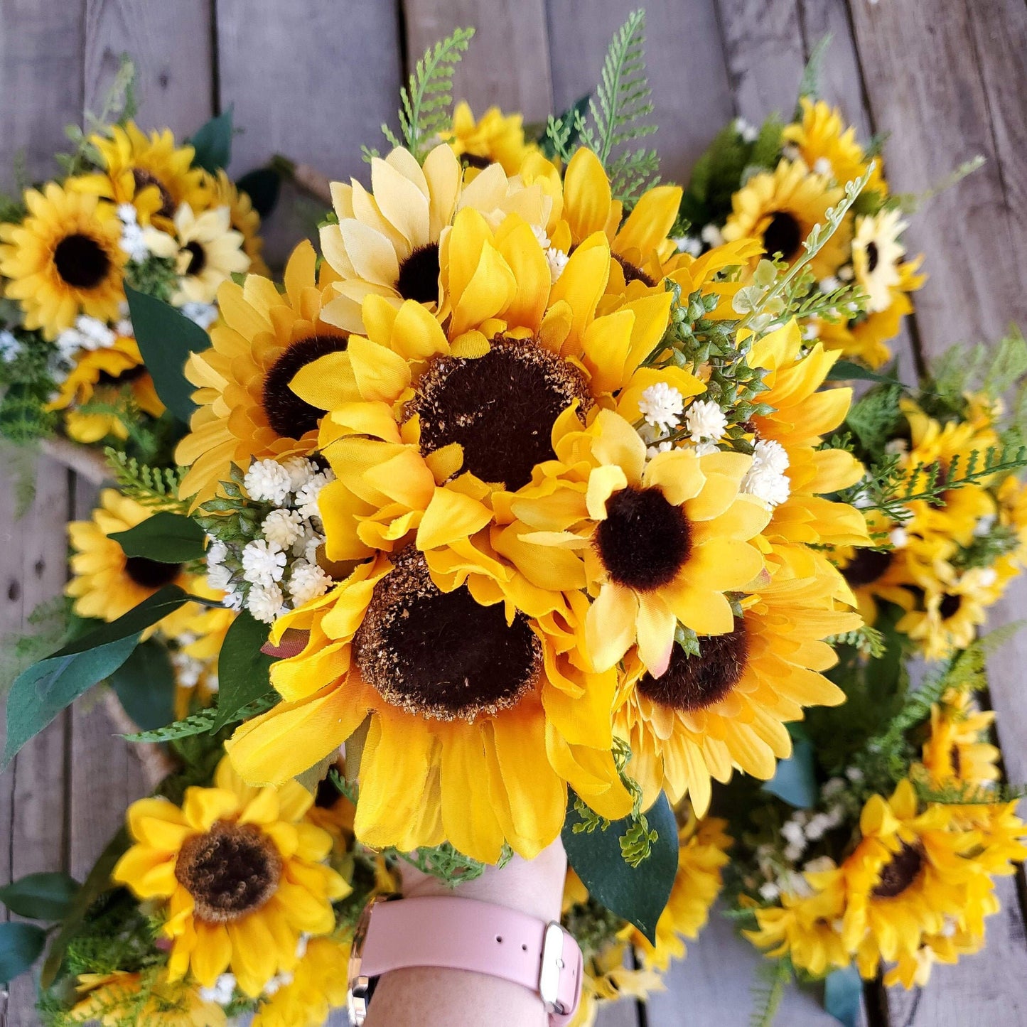 Silk Sunflower Wedding Bouquet with Baby's Breath, Sunflower Wedding Flowers, Bridal or Bridesmaid Bouquet