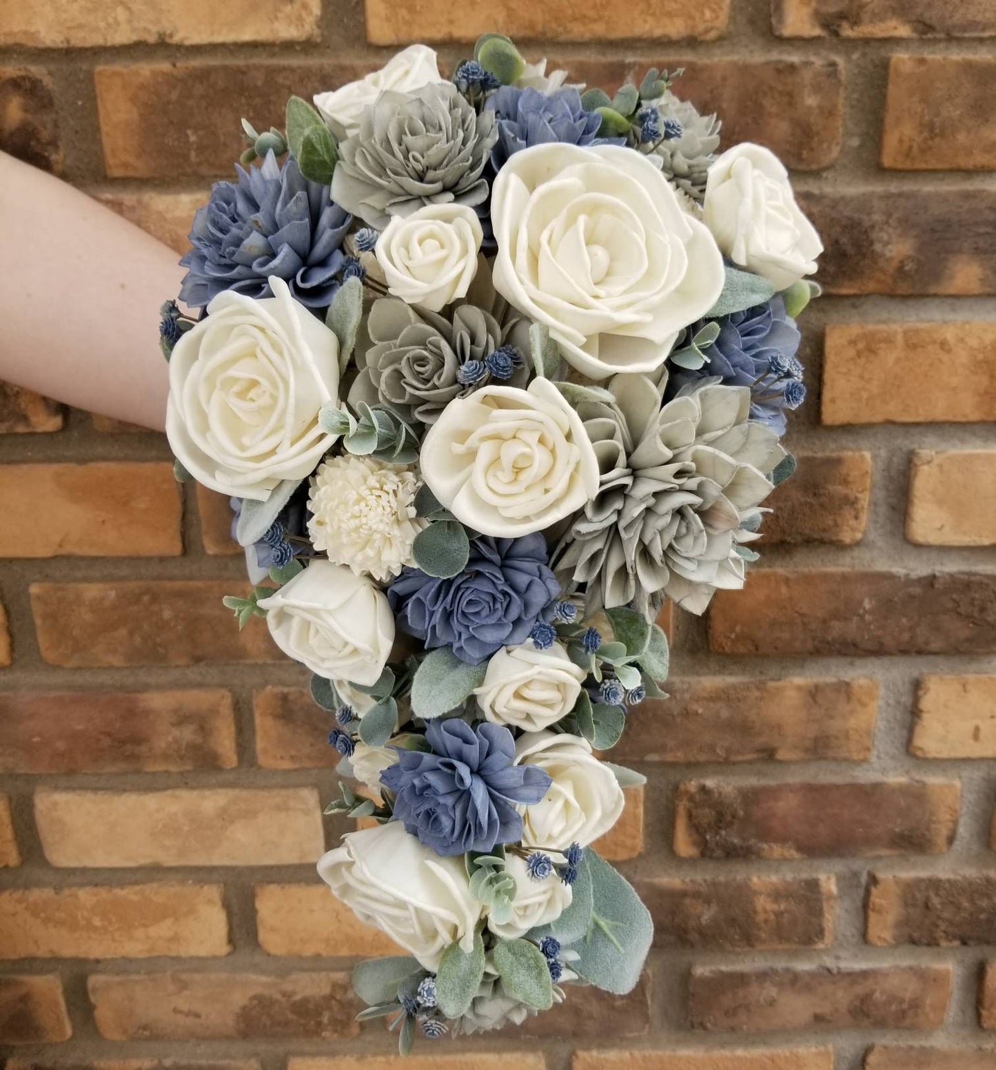 Slate Blue Sola Wood Flower Bouquet, Fake Bridal Flowers, Dusty Blue Wooden Wedding Bouquet