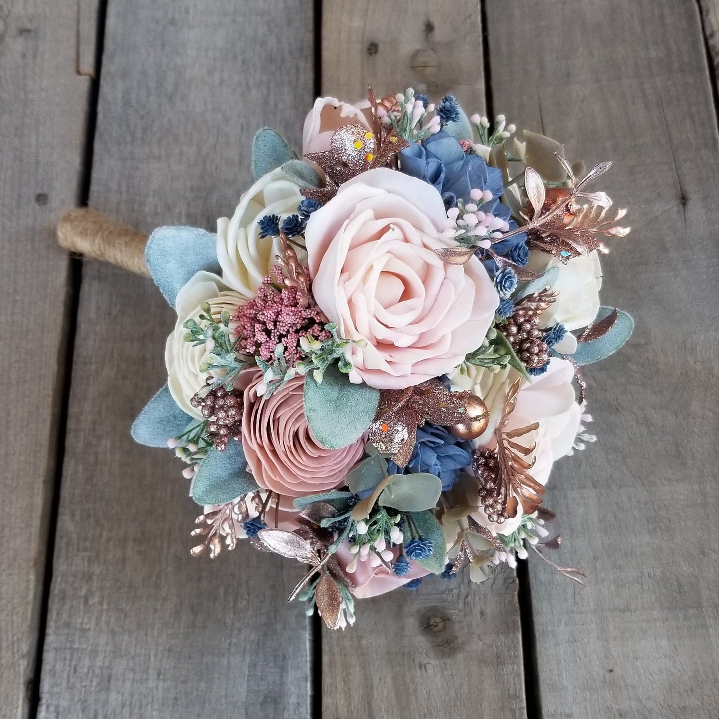 Sola Wood Flowers Wood Flower Bouquet Slate Blue and Blush Wedding Rose Gold Wedding Bridal Bouquet Wood Bouquet Bridal Flowers Dusty Blue