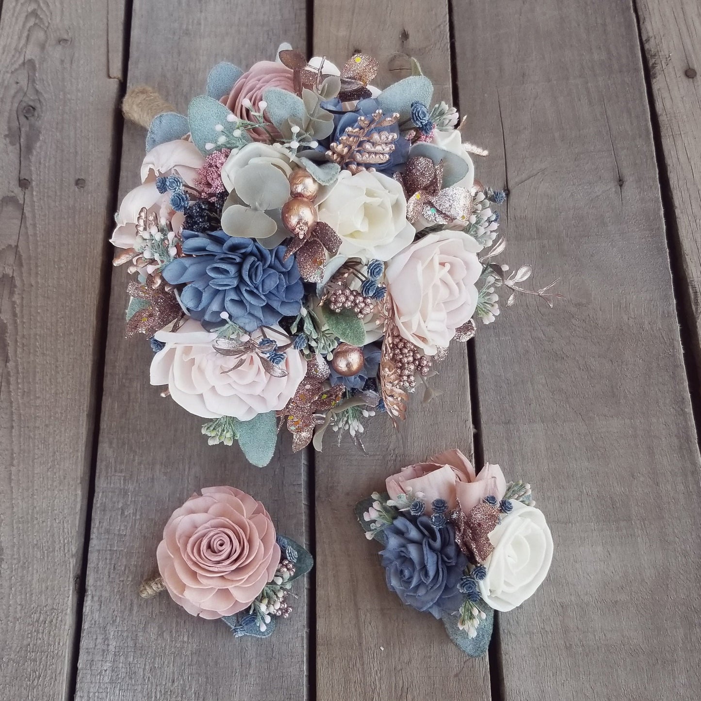 Sola Wood Flowers Wood Flower Bouquet Slate Blue and Blush Wedding Rose Gold Wedding Bridal Bouquet Wood Bouquet Bridal Flowers Dusty Blue