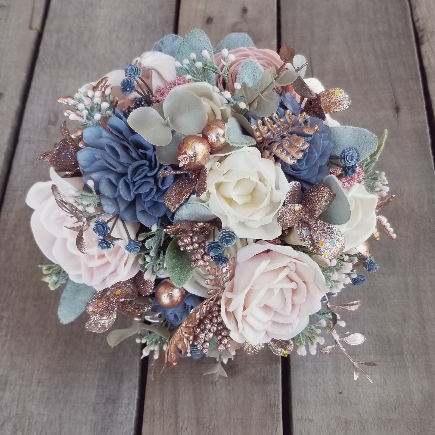 Sola Wood Flowers Wood Flower Bouquet Slate Blue and Blush Wedding Rose Gold Wedding Bridal Bouquet Wood Bouquet Bridal Flowers Dusty Blue