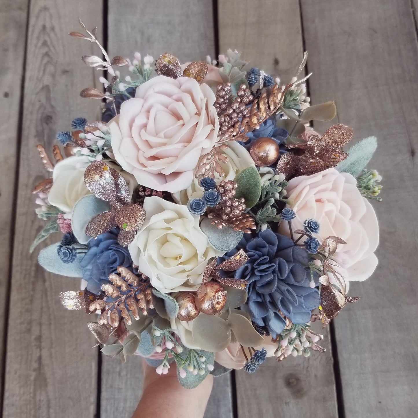 Sola Wood Flowers Wood Flower Bouquet Slate Blue and Blush Wedding Rose Gold Wedding Bridal Bouquet Wood Bouquet Bridal Flowers Dusty Blue