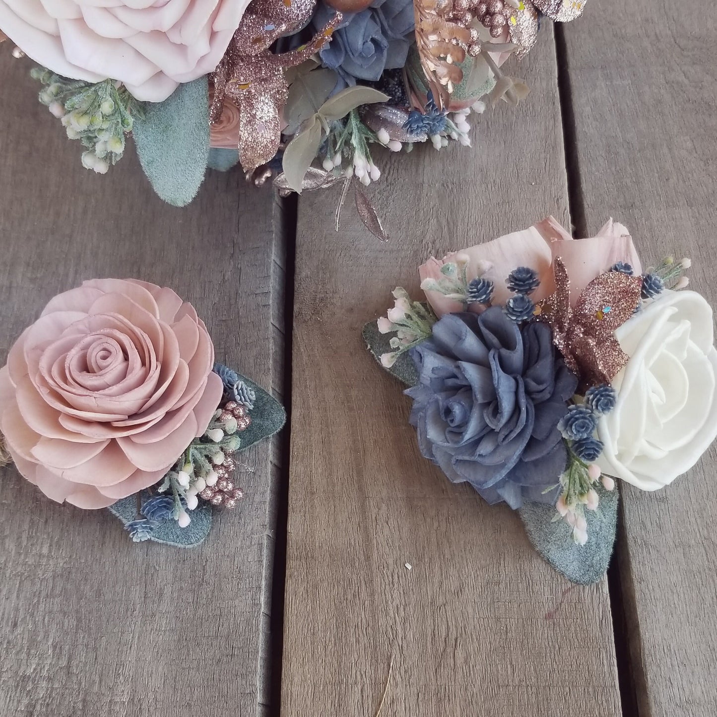 Sola Wood Flowers Wood Flower Bouquet Slate Blue and Blush Wedding Rose Gold Wedding Bridal Bouquet Wood Bouquet Bridal Flowers Dusty Blue