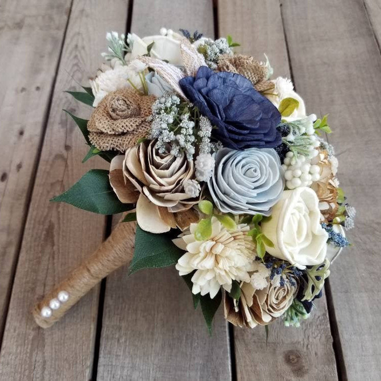 Navy Wood Flower Bouquet, Sola Wood Flowers Bouquet, Wooden Flower Bouquet, Bridal Bouquet, Dusty Blue Wedding Bouquet, Bridal Flowers