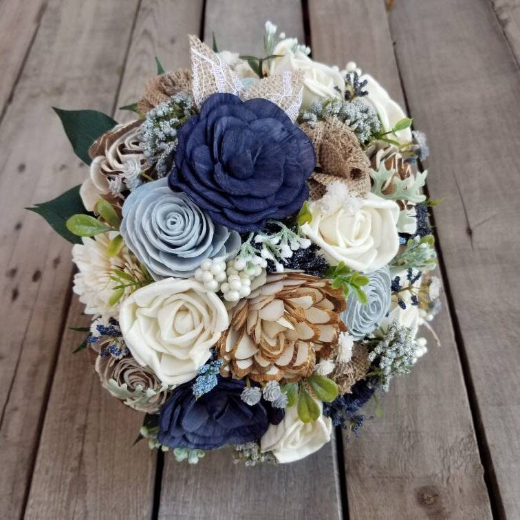 Navy Wood Flower Bouquet, Sola Wood Flowers Bouquet, Wooden Flower Bouquet, Bridal Bouquet, Dusty Blue Wedding Bouquet, Bridal Flowers