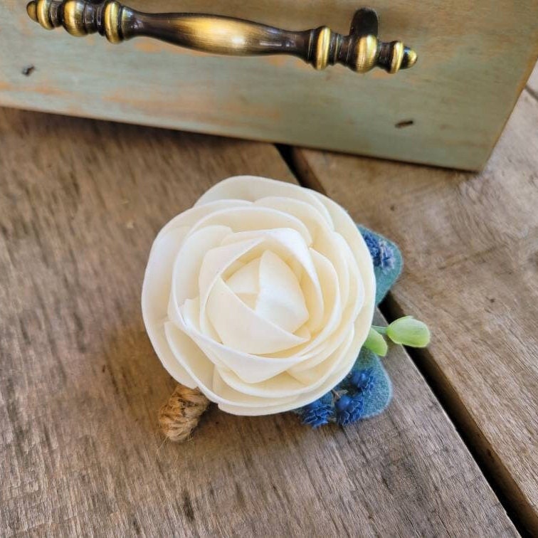 Slate Blue Sola Wood Flower Bouquet, Fake Bridal Flowers, Dusty Blue Wooden Wedding Bouquet