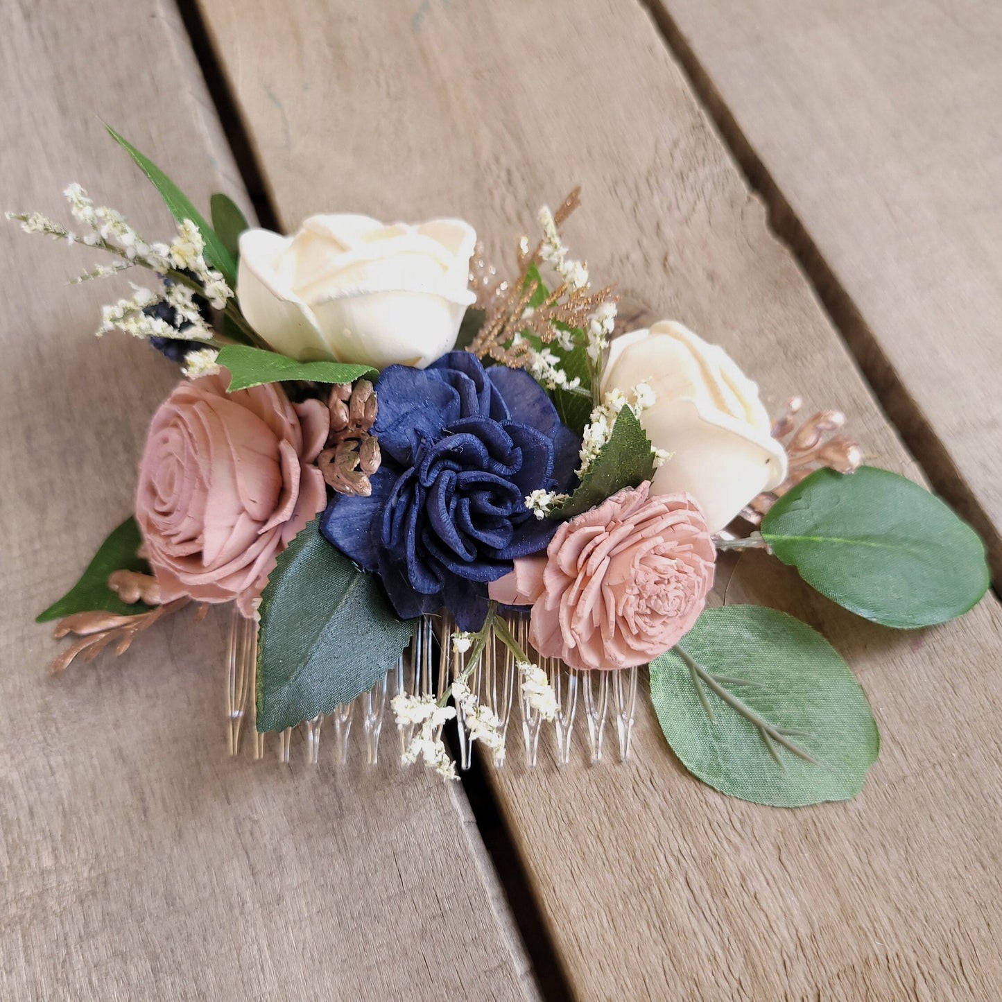 Bridal Hair Comb for Wedding Updo, Sola Wood Flowers Hair Piece, Navy and Blush Wedding Flowers