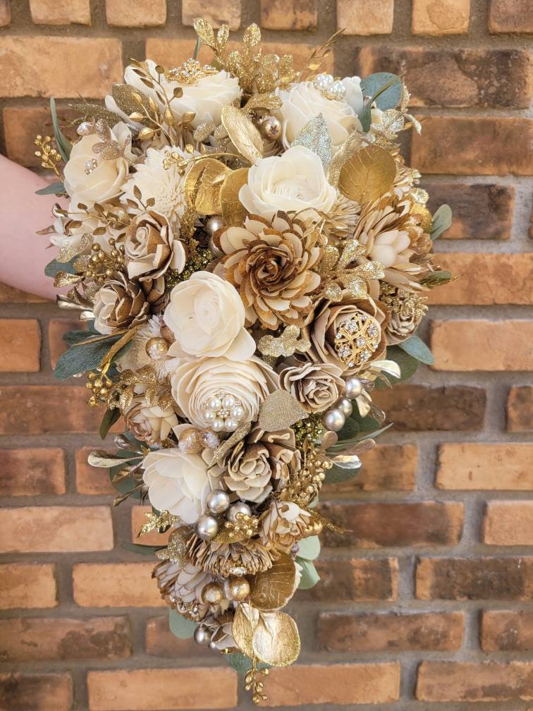 Gold Brooch and Glitter Sola Wood Flower Bouquet with Cream and Natural Bark Flowers, Color Options Available